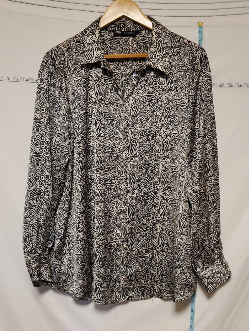 ZARA Black & White Paisley Button-Up Blouse XXL Dark Romantic Flowy Boho Office